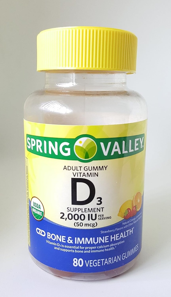 Spring Valley Adult Gummy ויטמין D3, 2000IU, 50mcg USDA אורגני, 80 חניכיים צמחוניות
