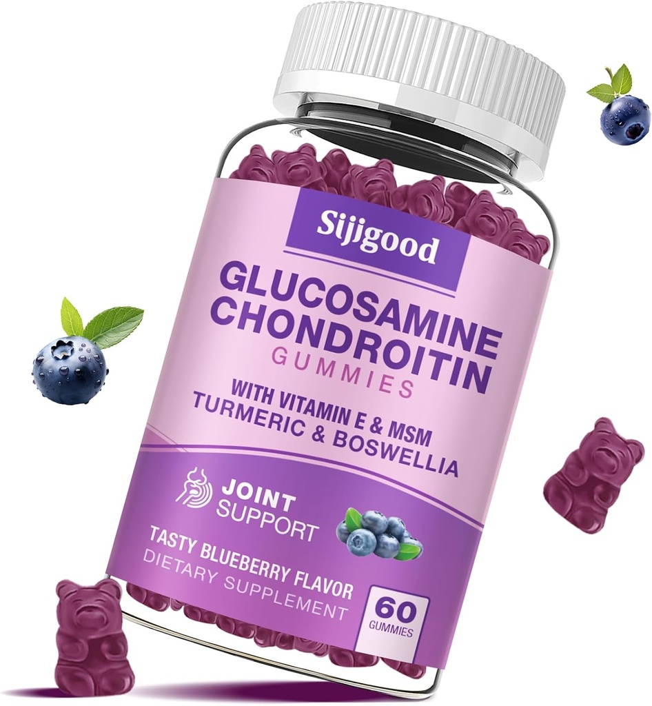 Glucosamine Chondroitin Gummies, תוספת חיזוק Glucosamine Chondroitin MSM עם Elderberry & Turmeric, בריאות משותפת, גמישות, Antioxidant, Immune עבור מבוגרים - 60 Blueberry פלפטומיות מעוגל