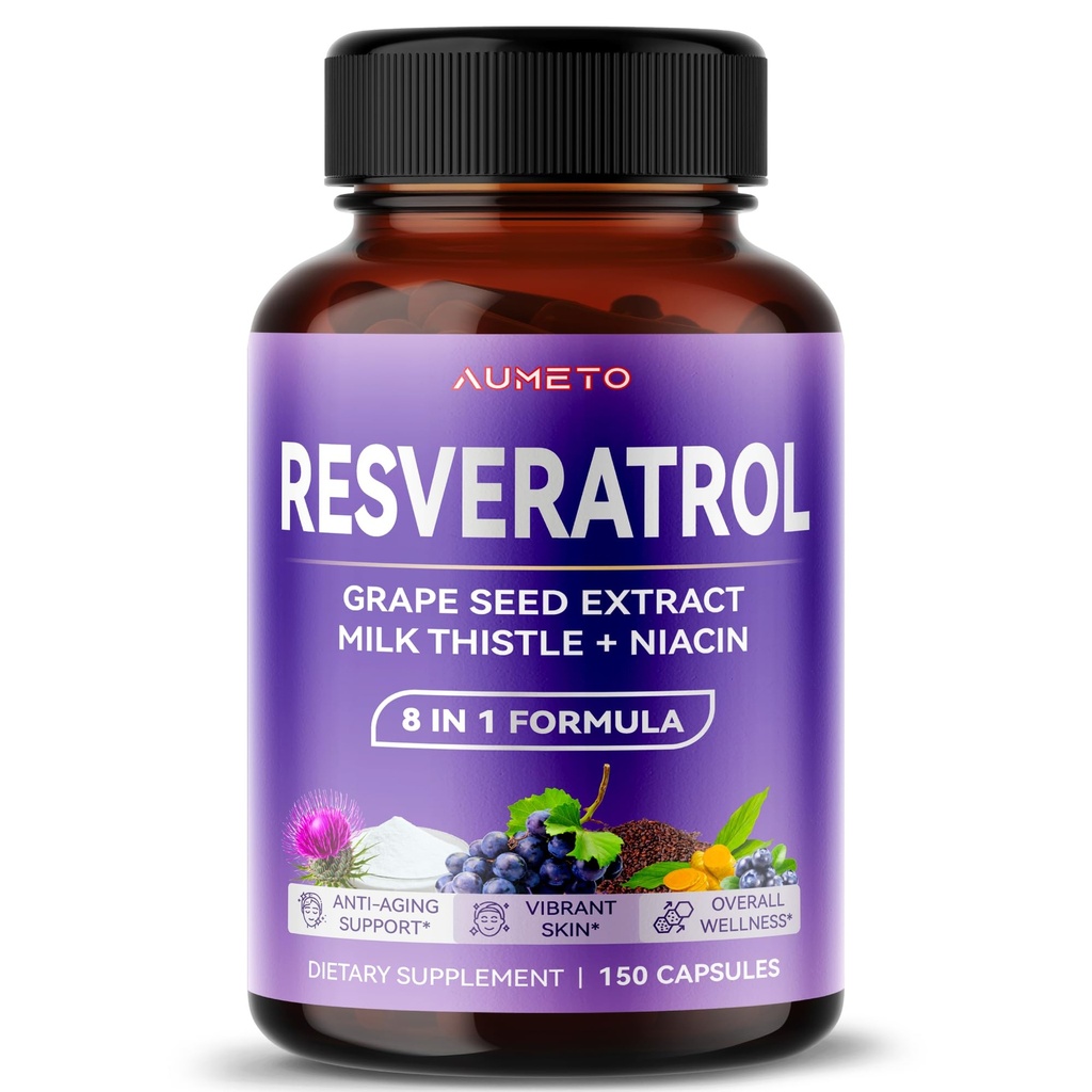 Ultra Resveratrol 8 ב-1 פורמולה - עם Grape Seed Milk Thistle Niacin (150 Count)