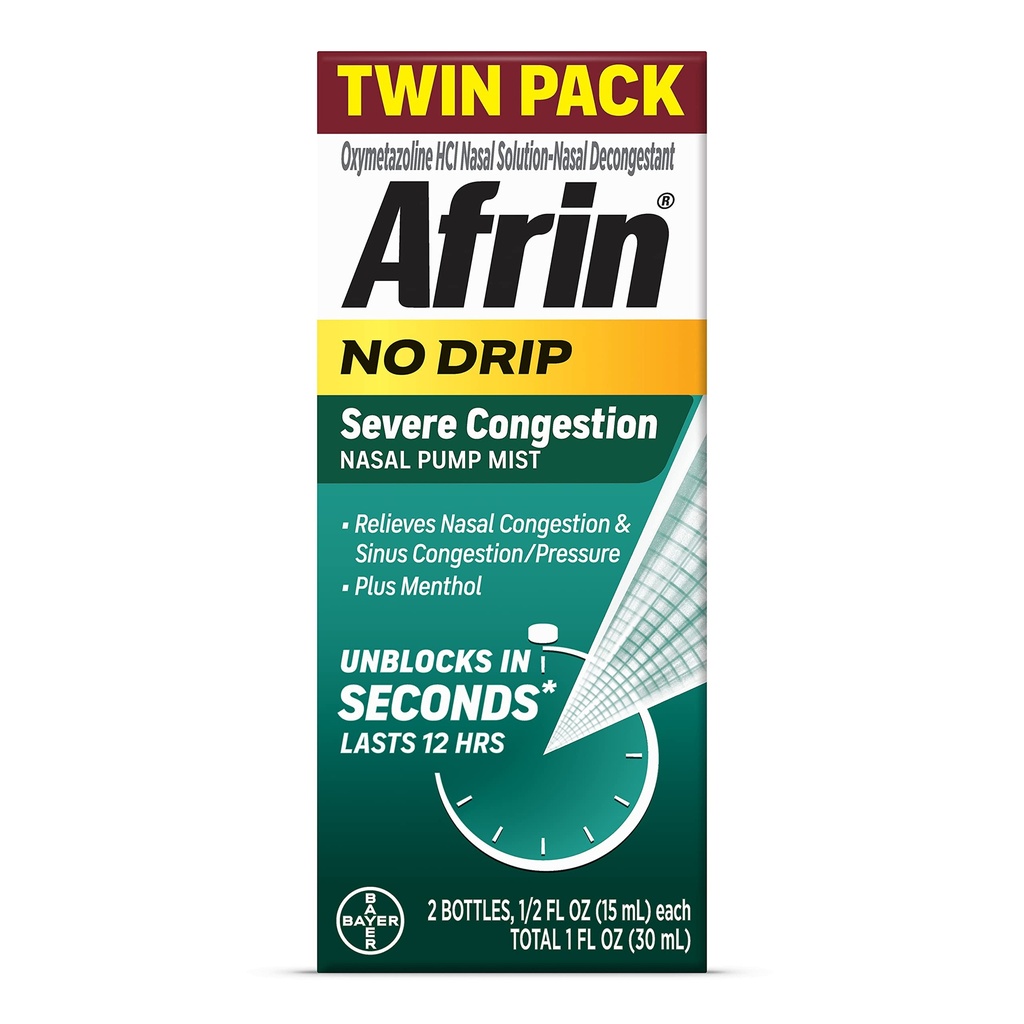 Afrin No Drip Severe Congestion Nasal Mist Twin Pack, Non-Drowsy, Fast-Acting Decongestant for Nasalungestion and Sinus Pressure, Adults and Children 6 and Older, .5 floz (Pack of 2)
