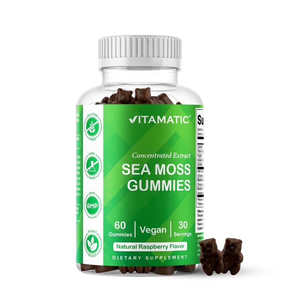 Vitamatic Irish Sea Moss Gummies - 3000mg Equivalent Per משרת (מפלט 132.5 מ"ג) - 60 Ct Made with Bladderwrack & Burdock Root - Seamos for Thyroid, Energy & Immune Support