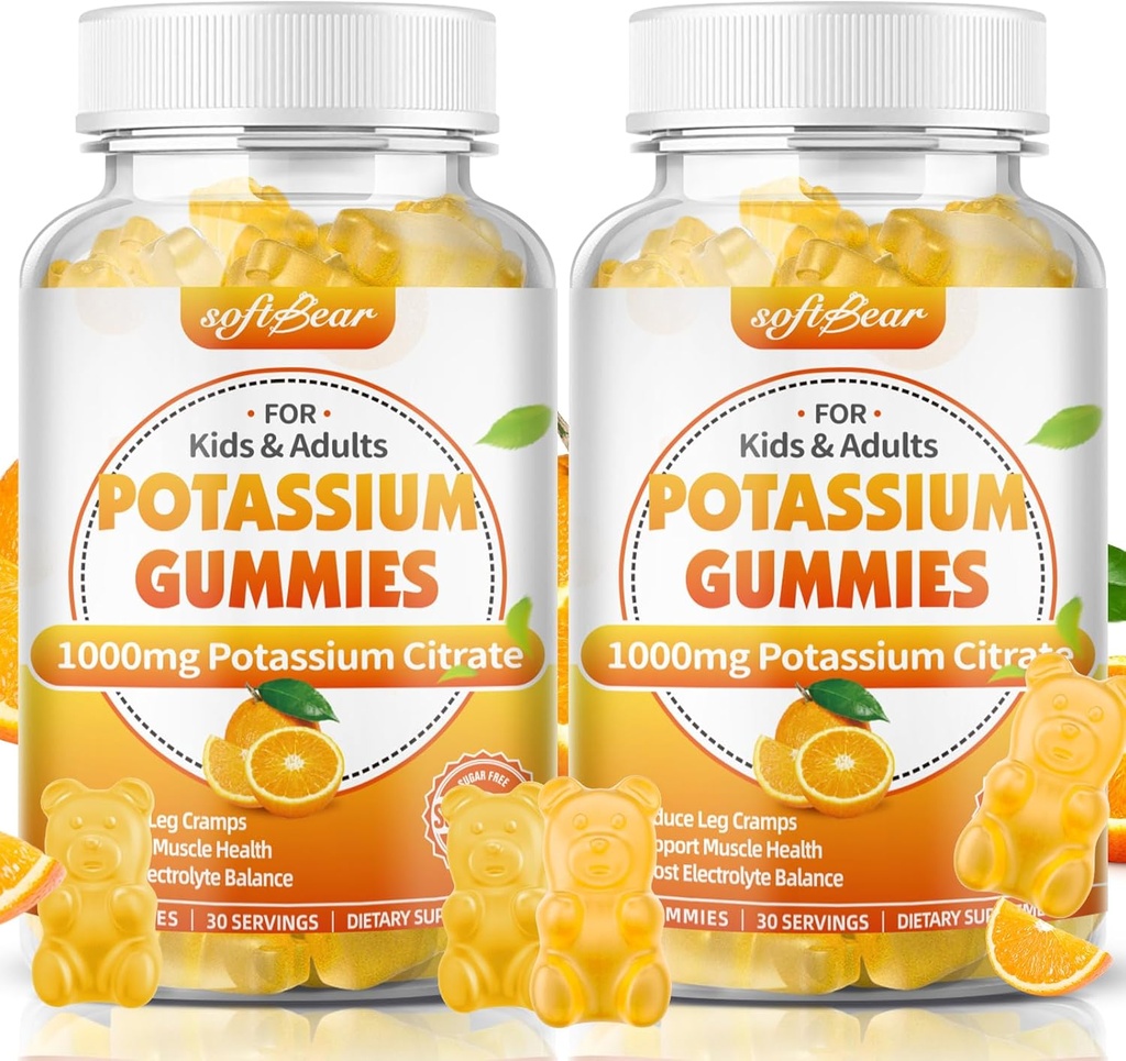 Softbear Potassium Citrate 1000mg, Sugar Free Potassium Gummies for Adults Support Leg Cramps & שרירים בריאות גבוהה תפוחי אדמה תוספי חניכיים כתום פלאדור 120 הרוזן