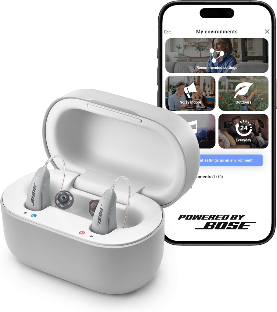 Lexie B2 OTC שמיעה מסייע על ידי Bose - Bluetooth Call Enabled עבור iOS, טעינה עם App Control, כל היום נוח. פתרון עצמי, Noise Reduction, for Mild to Moderate Hearing Loss (Gray)