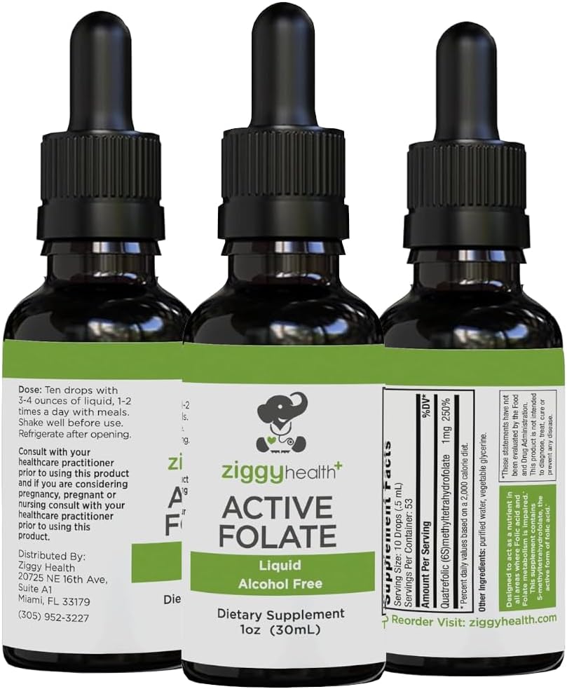 Active Folate Pure נוזל לחלץ תוסף - L-Methylfolate for Better Absorption, Brain Health, לשפר את התפקוד התאי, תמיכה במערכת החיסון, Water Soluble B Complex, 1oz - על ידי Ziggy Health