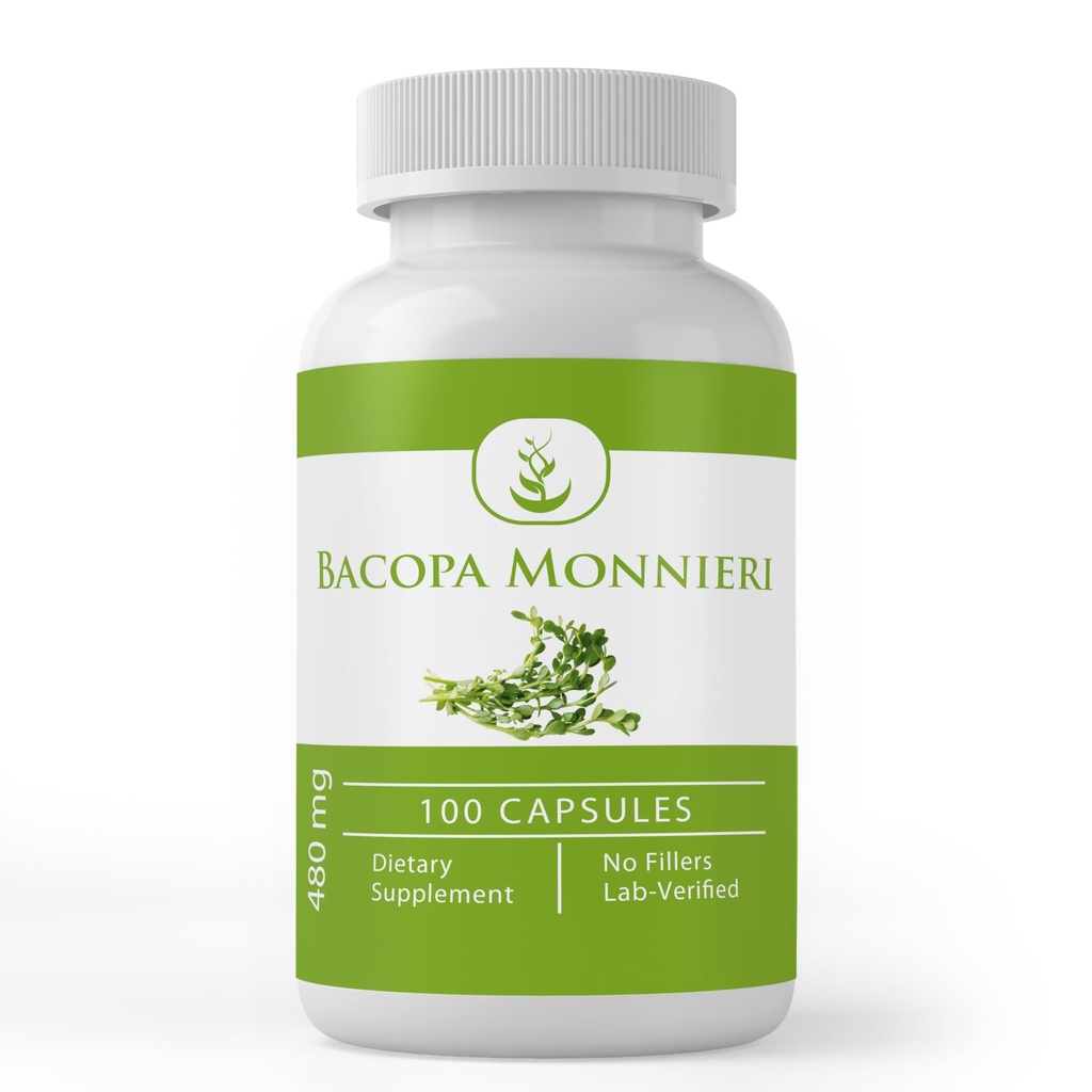 מרכיבים מקוריים טהורים Bacopa Monnieri, (100 קפסולות) תמיד טהור, ללא תוספות או מילויים, מעבדה מאומתת