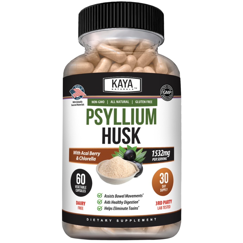Kaya Naturals Psyllium Husk כמוסות - 60 ספירה | תוסף סיבים גבוהים | בריאות ושגרה | Gluten-Free, non-GMO