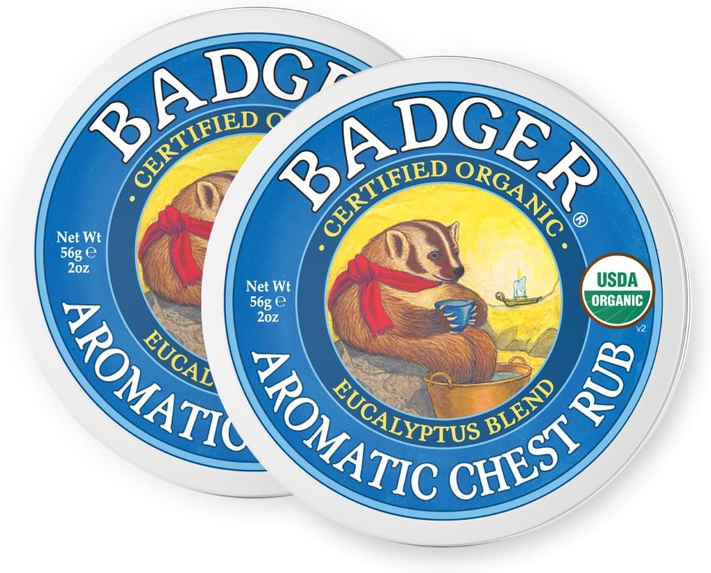 Badger Aromatic Chest Rub, 100% אורגני Vaporub w/Eucalyptus & Lavender Essential Oils to Clear & Soothe, All-Natural Chestungestion הקלה למבוגרים וילדים, 2 oz Tin, 2 Pack