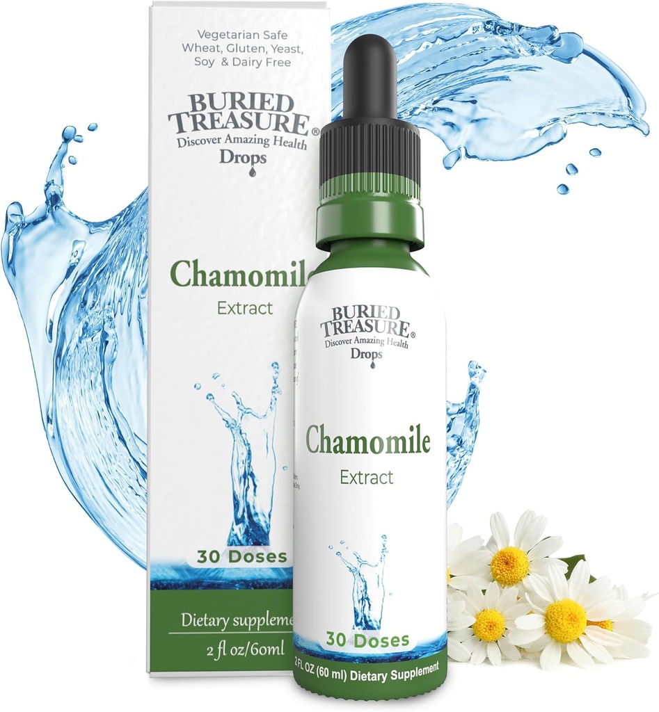 אוצר קבור Chamomile Drops - 30 משרתות, 2oz, תוסף צמחי מרפא נוזלי לתמיכה להרגעה, No Sugar הוסיף
