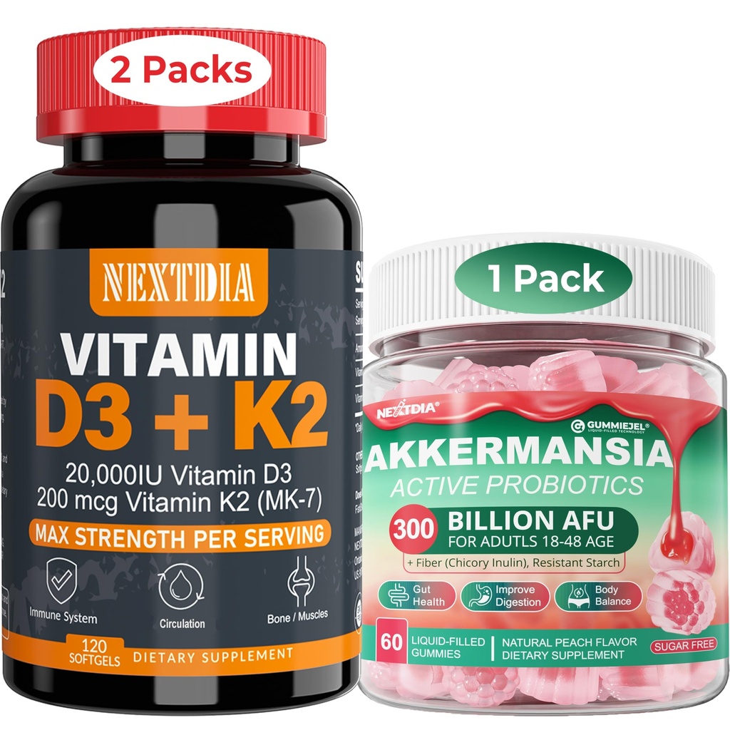 ויטמין D320,000 IU + K2(MK7) 200mcg Softgels + Akkermansia Probiotics עם Prebiotics סיבים