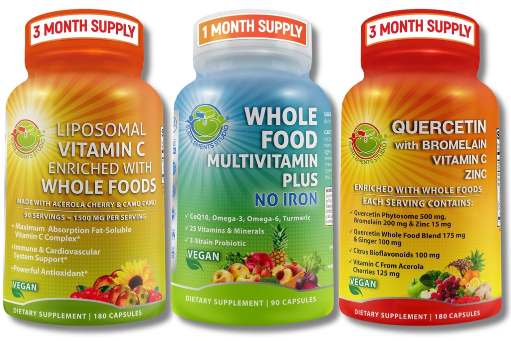 תמיכה טבעונית Immune & Antioxidant תומך Bundle - Liposomal ויטמין C 1500 מ"ג עם אורגני Acerola & Camu + Quercetin 500 מ"ג עם Bromelain, Zinc & ויטמין C + Whole מזון רב ויטמין ללא ברזל