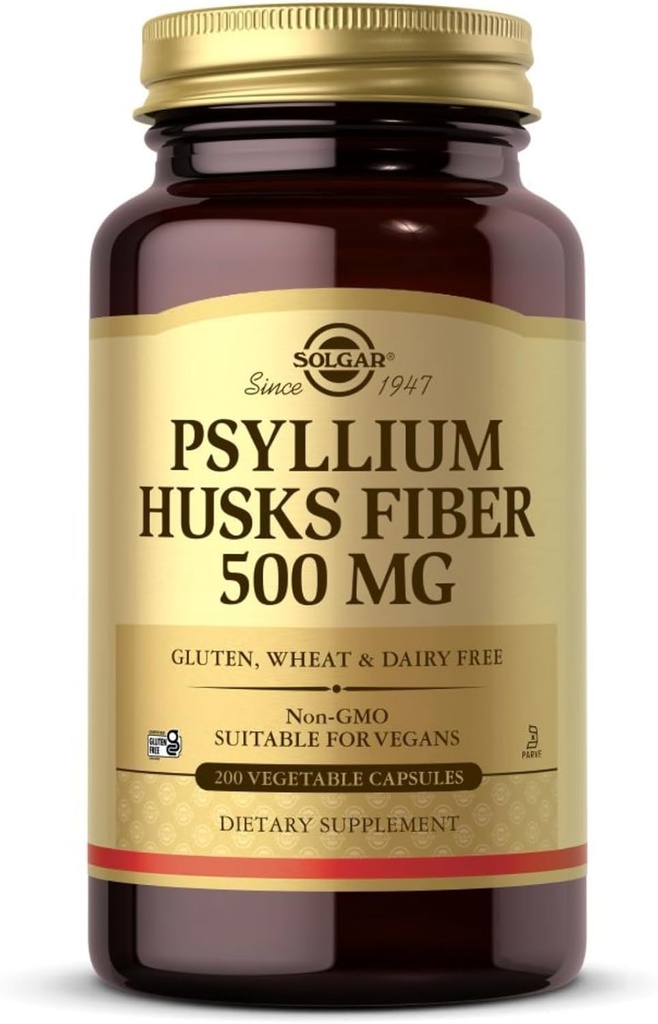 Solgar Psyllium Husks סיבים 500 מ"ג - 200 קפסולות ירקות - non-GMO, טבעוני, Gluten חינם, חלב חינם, כשר - 100 משרתים