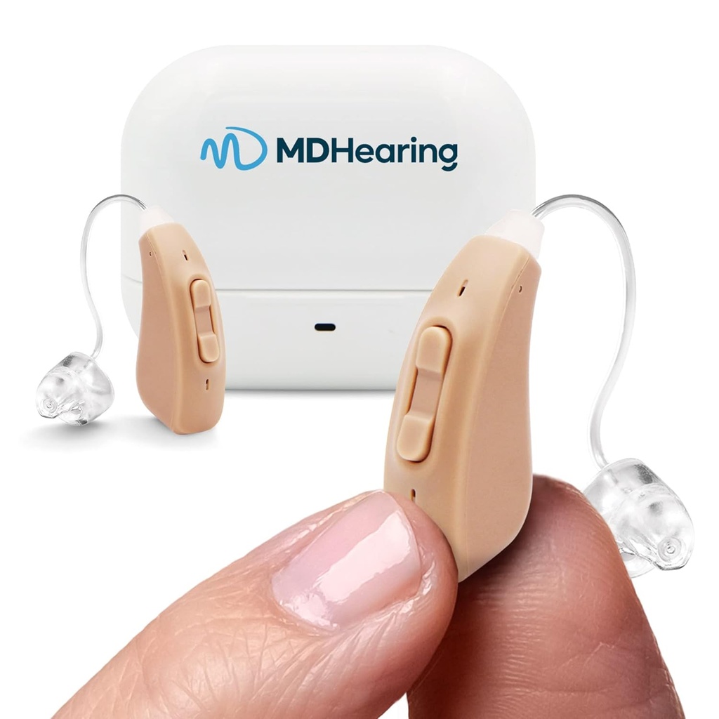 MDHearingAid Air Hearing Aid (Pair), OTC Rechargeable, Crystal-clear Digital Sound על ידי MDHearing, Perfect for משקפיים, כמעט בלתי נראים