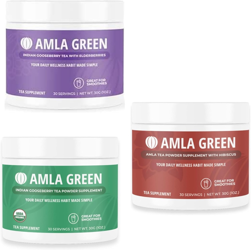 אבקת Amla, ירוק תה סופר מזון תוספת עם Elderberry & הודי Joberries & Hibiscus, אורגני, טבעוני, 30 משרתים