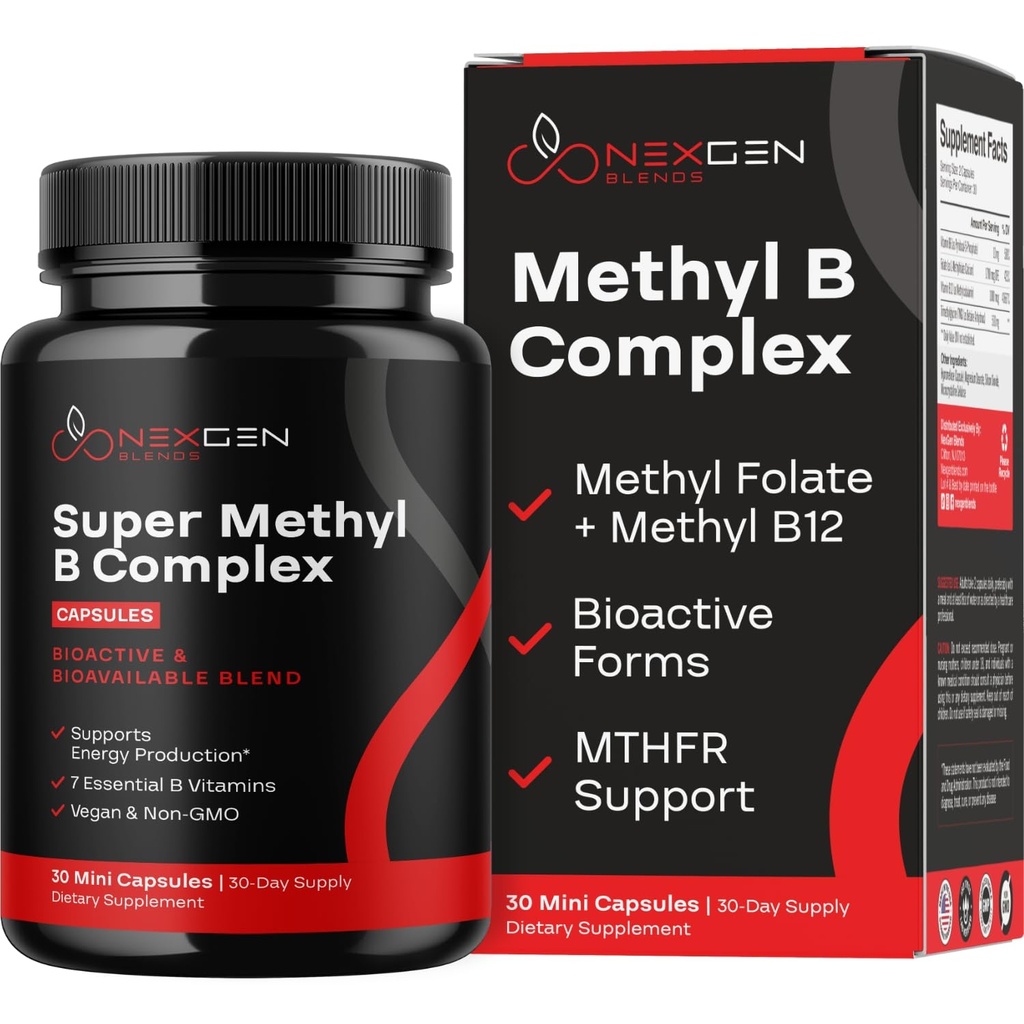 Methylated B Complex ויטמין תוסף - Bioactive Methyl B Complex with 5-MTHF Methyl Folate & B12 Methylcobalamin for Brain Heart Energy & Homocysteine Support - Super ויטמין B Complex (30) ספירה
