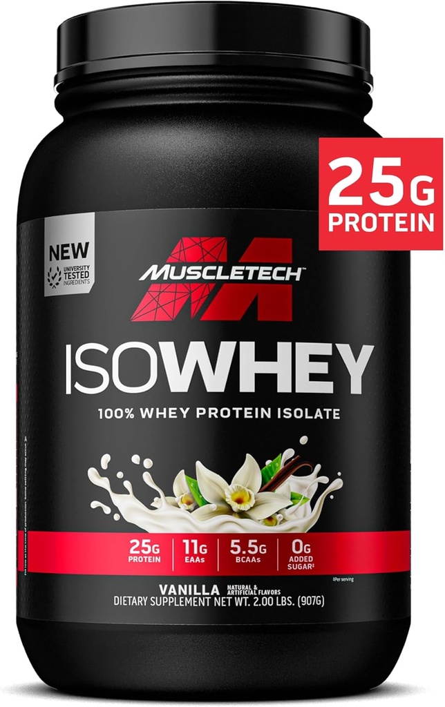 שריר ISO Whey Isolate אבקת חלבון, Vanilla - פוסט עבודהout תוספת התעמלות עבור Lean שריר מקבל, שומן בניין גוף מקבלer & התאוששות - 25g חלבון, BCAA, EAA & 0 תוספת סוכר - 2lbs