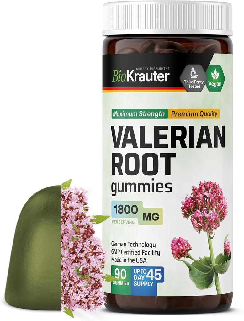 BIO KRAUTER ולריאן Root Gummies - 1800 מ"ג כוח - 90 צ'אדות טבעוניות - No Melatonin - תמיכה מרגיעה ו Calmness - ולריאן שורש לחלץ