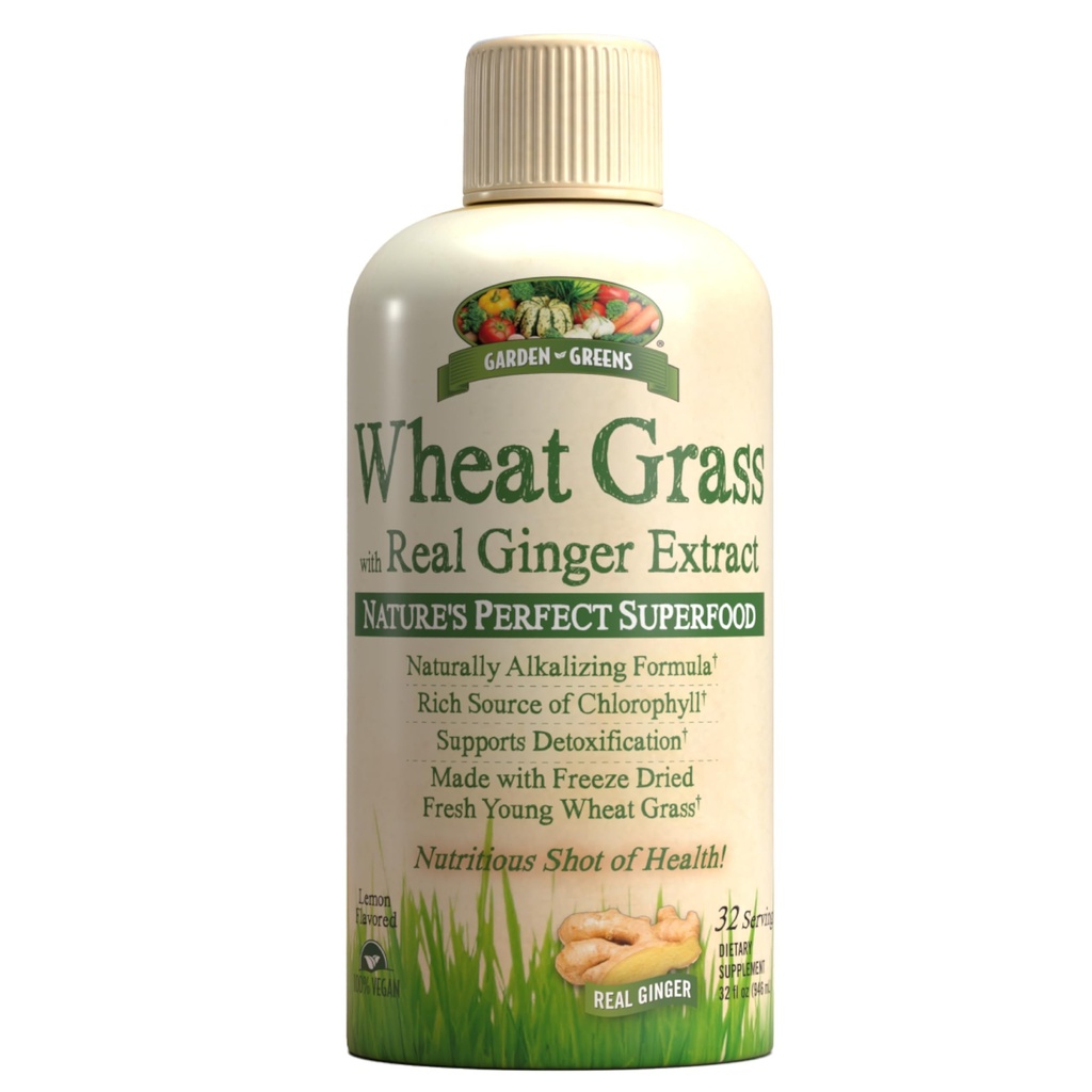 Gar Greens חיטה Grass נוזל עם תמצית ג'ינג'ר אמיתי, מזון העל המושלם של הטבע, 32 משרתים