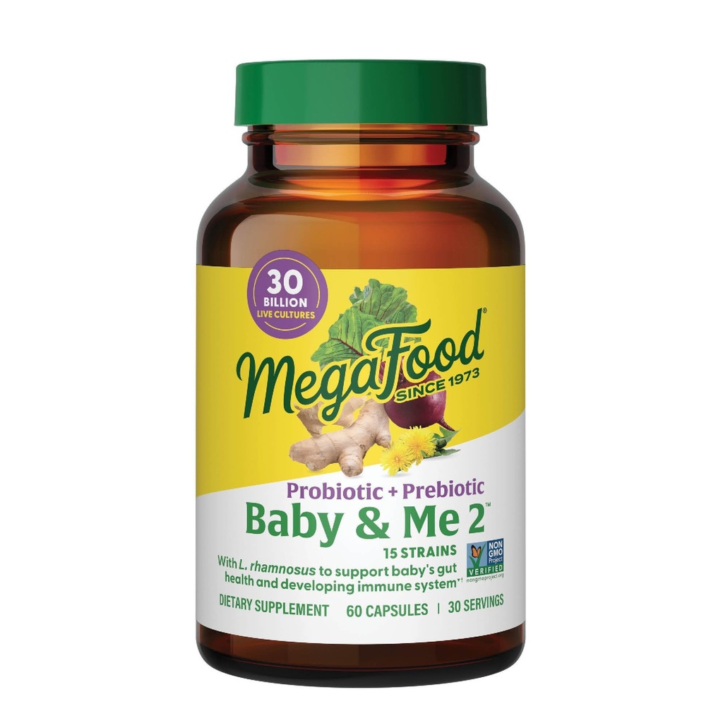 Mega Food Baby & Me 2 Prenatal Prebiotics and Probiotics for Women & Developing Baby with 30 מיליארד CFU, Vegetarian and non-GMO, 60 Caps (30 משרתים)