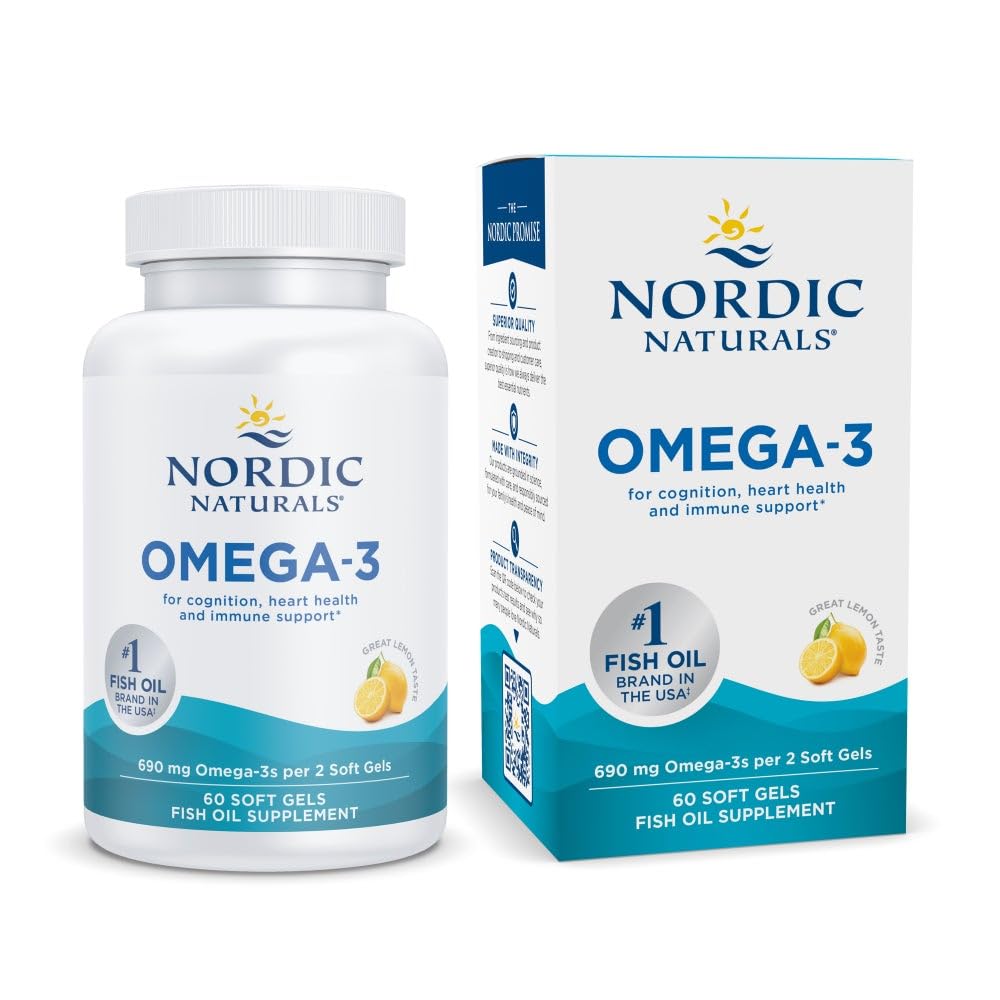 Nordic Naturals אומגה 3, Lemon Flavor - 60 Soft Gels - 690 מ"ג אומגה 3 - שמן דגים - EPA & DHA - Immune Support, Brain & Heart Health, Optimal Wellness - Non-GMO - 30 משרתים