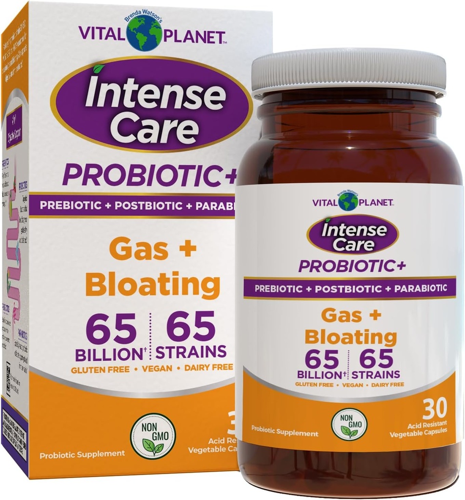 Vital Planet - Intense Care Gas & Bloating Probiotics, Prebiotics, Postbiotics, Parabiotics, 4in-1 Refrigerated תוסף למבוגרים, 65 מיליארד CFU, 65 סטרינס, Digestive ו Immune, 30 ct ct ct.