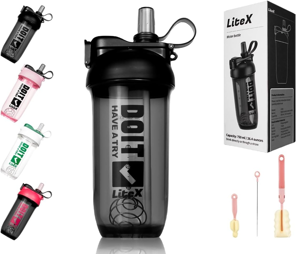 Litex Shaker Bottles forחלבון Shakes, 26oz בלנדר שרקר בקבוק עבור Pre-Workout,Shaker Cups with Straw, BPA-free Tritan Mixer בקבוקים עבור אבקת חלבון, עם Brush והוראות (שחור)