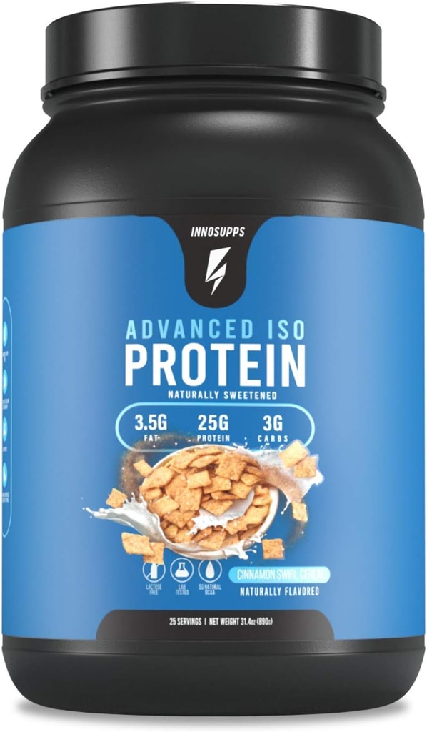 Inno Supps מתקדם חלבון Iso - 100% אבקת חלבון Whey Isolate, לא ממתקים מלאכותיים, שומן נמוך, פחמימות נמוך, 25g של חלבון, הורמון חינם, Gluten חינם, Soy חינם - 25 SVGS (Cinnamon Swirl Cereal)
