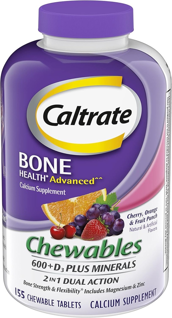 Caltrate Calcium & ויטמין D3 תוסף 600+D3 Plus מינרלים Chewable Tablet, 600 מ"ג (צ'רי, כתום, פירות פונצ'ר, 155 Count)