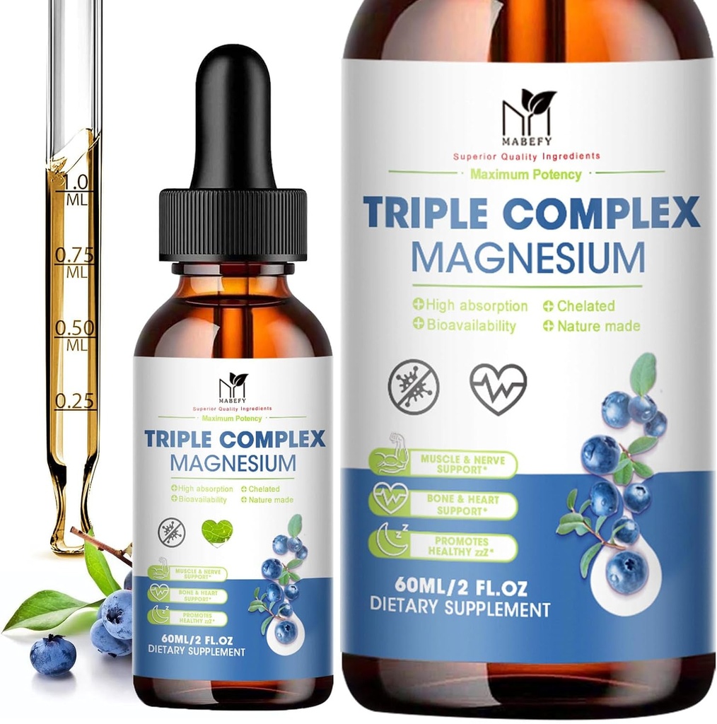Magnesium Glycinate נוזל טיפות מורכבות תוספת עם טאראט, Malate עבור Calm, מחוקק Cramps, אנרגיה | סוכר חינם וטבע טבעי Magnesium, Blueberry Flavor