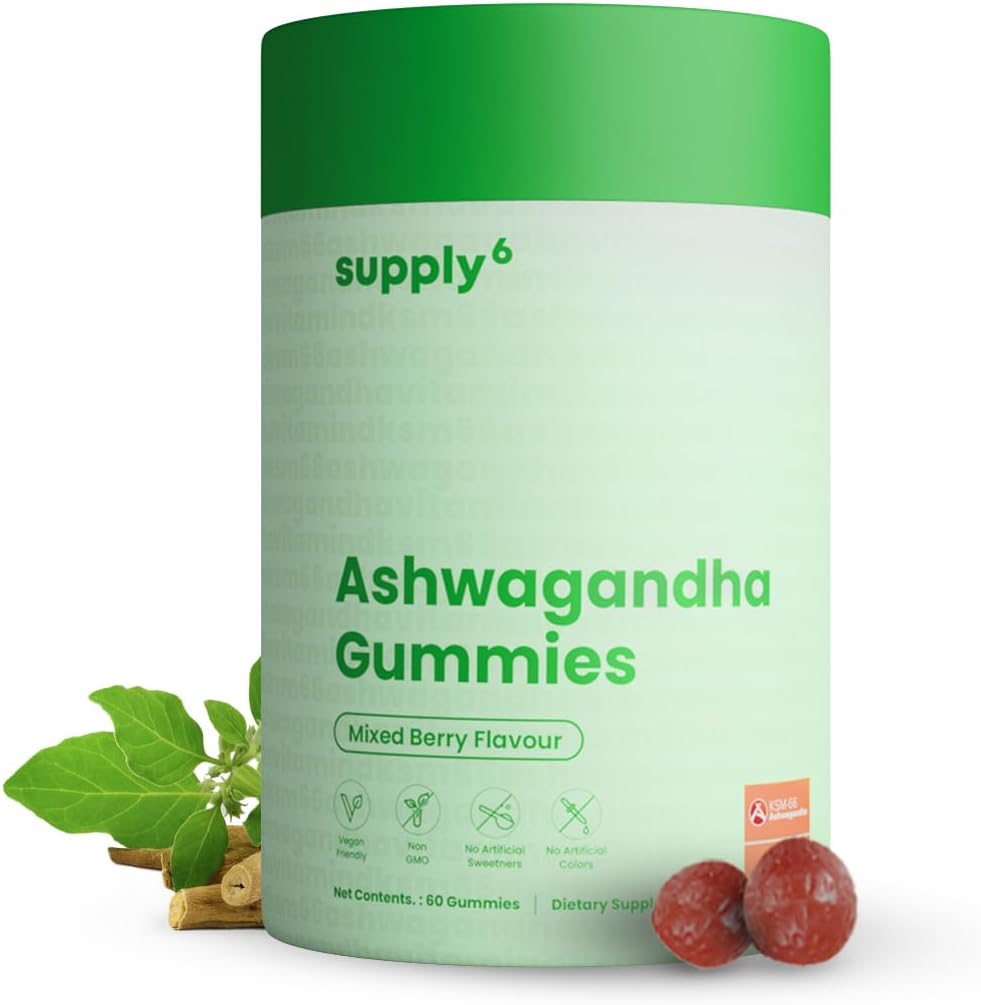 SUPPLY6 KSM-66 Ashwagandha & Vitamin D Gummy - 60 Count - Mixed Berry, KSM-66, Vegan, Plant Based, Non-GMO, Gluten-Free & Gelatin Free, for a Happier You, Pack of 1