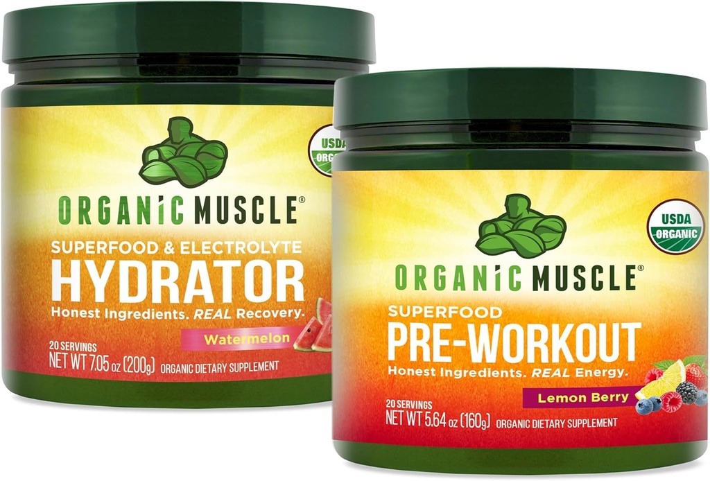 שריר אורגני Bundle - אבקת Pre-Workout לאנרגיה (Lemon Berry) + Replenisher עבור הידרה (בטיחות) - USDA מוסמך אורגני