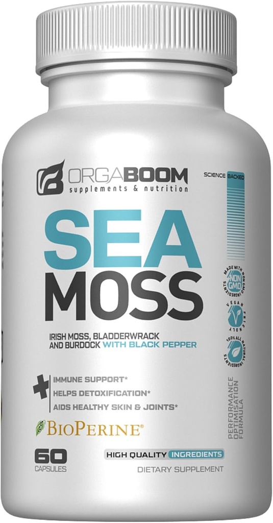 Sea Mosss כמוסות הים האירי Mosss תוספת עם שורש Burdock אורגני, Bladderwrack & Black Pepper | Boost Energy, Detox & Immune Support