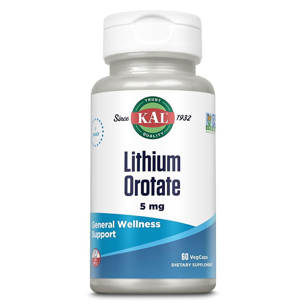KAL Lithium Orotate 5 מ"ג | שירות נמוך של Chelated Lithium Orotate עבור Bioavailability & Mood תמיכה | in Organic Rice Bra Extract Base