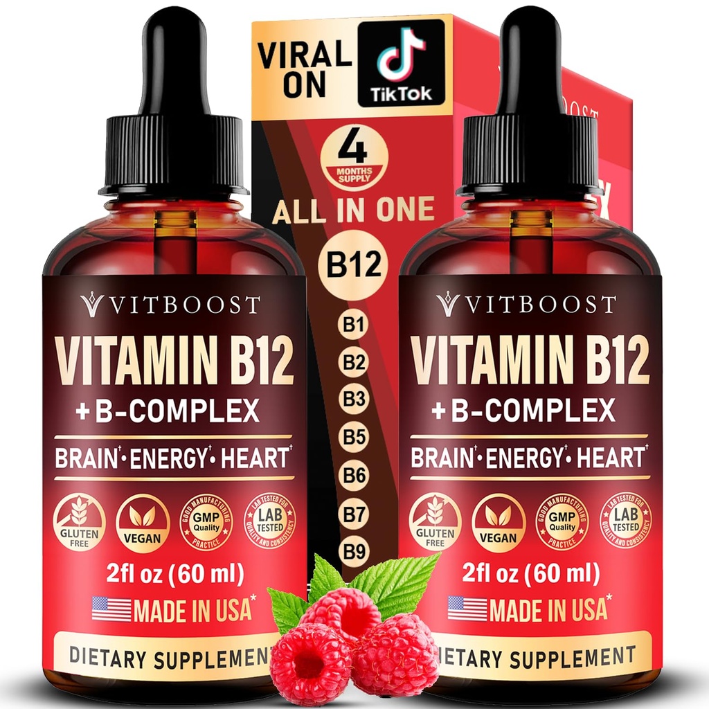 ויטמין B12 עם B Complex 20000 mcg- תוספת כוח עבור גברים ונשים-פרי פטל טיפות; ארה"ב Made, B1, B3, B5, B5, B6, Biotin, Folic Acid & B12 sublingual Methylcobain | 4 חודשים אספקת 4 חודשים
