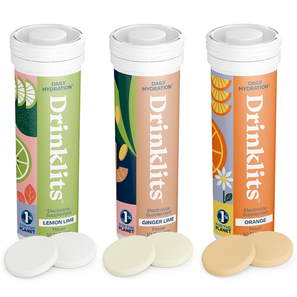 שתיית משקאות מדי יום hydrotion Variety Pack (3) Tube Bundle | ג'ינג'ר-לime + Lemon-Lime + Orange | טבליות אלקטרוליטיות - 0g Sugar - Great Taste