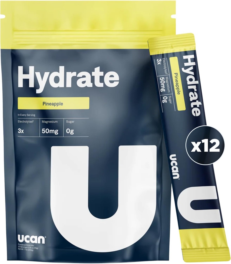 UCAN hydrote Electrolyte Drink (Pineapple, 12 Stickpacks) Sugar-Free, Keto-Friendly, טבעוני, non-GMO, אבקת אלקטרוליט ללא גלוטן עם Potassium & Magnesium עבור רציפות & Athletes