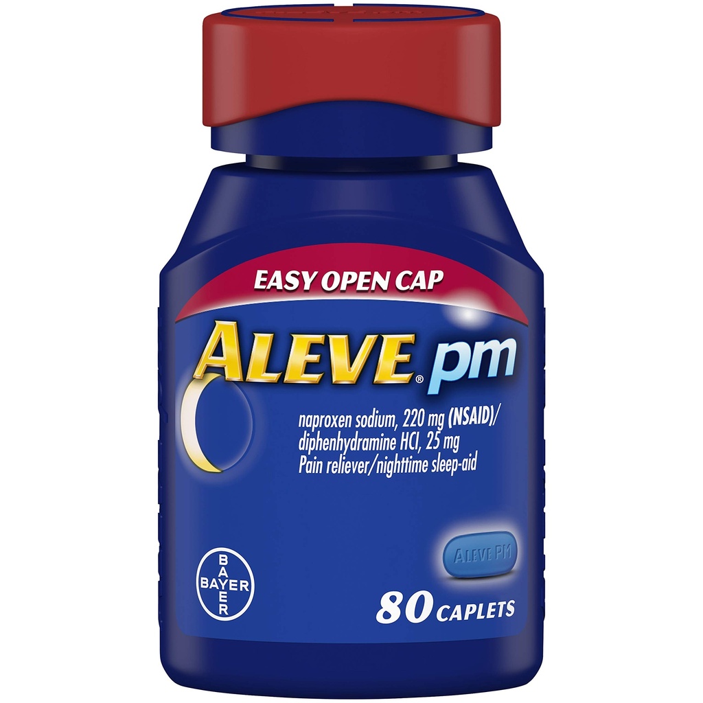 Aleve PM Caplets, Fast Acting Sleep Aid and Pain הקלה עבור כאבי ראש, כאבי שרירים, non-Habit טפסים 220 מ"ג Nproxen Sodium ו 25 מ"ג Diphenhydramine HCl קפסולות, 80 ספירה