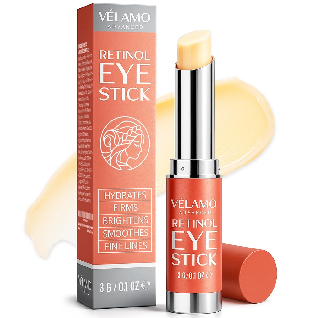 VELAMO ADVANCED Retinol Eye Balm Stick with Bakuchiol: Under Eye Cream for Dark Circles and Puffune - Anti Aging מפחית קווים יפים תחתונים מתחת לעיניים Bags ב 4-8 שבועות 0.1 OZ 3g 3g