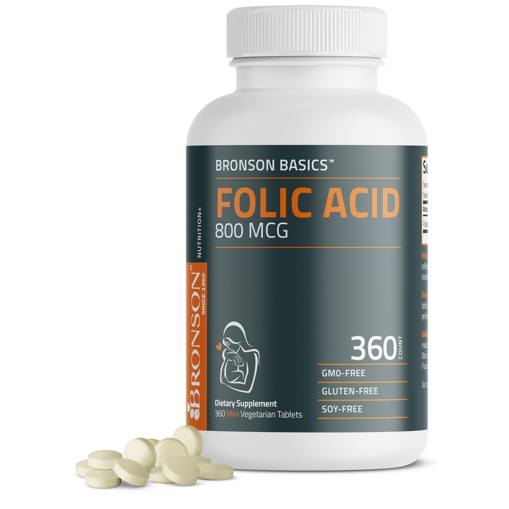 Bronson Folic Acid 800 MCG תומך בפיתוח טרום לידתי, אספקת שנה אחת, Non-GMO, 360 טבליות
