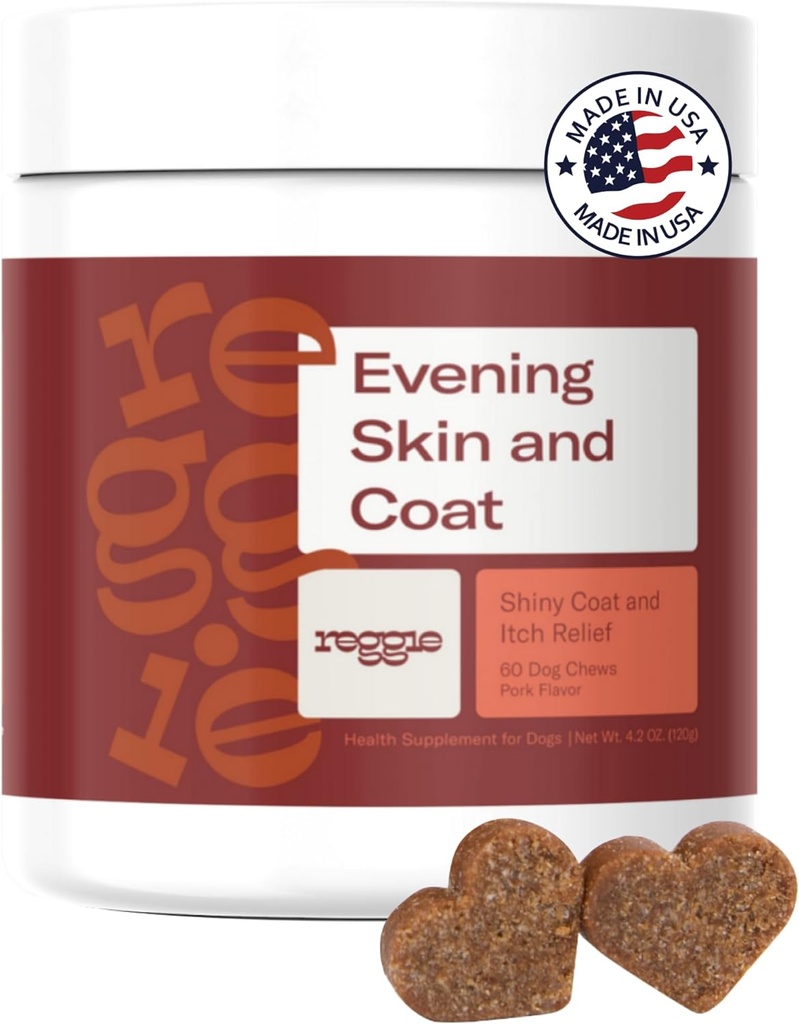 Reggie Skin & Coat Supplements for Dogs | Omega-3 Fish Oil & Vitamin E for Itchy Skin Relief, Shedding & Shiny Coat | Natural Dog Skin & Coat Chews | Vet-Approved & Made in USA | 60 Soft Chews