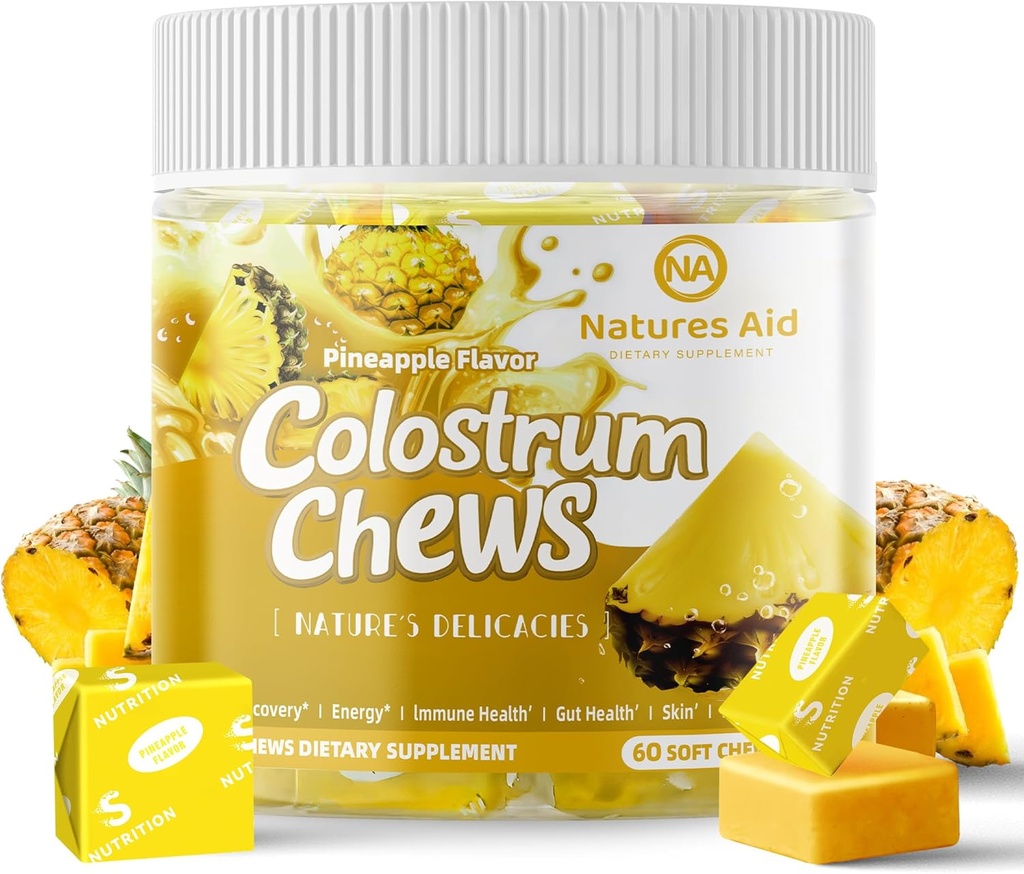 Colostrum Chews תוסף עם פרוביוטיקה לבריאות Gut, Bloating, Immune Support, Skin, Hair Growth and Beauty - Pineapple Flavor (60 משרתים)