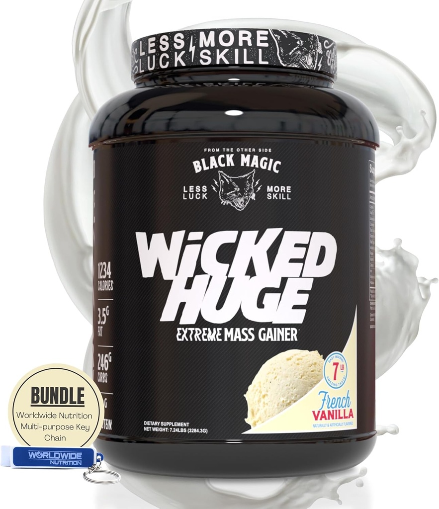 תזונה גלובלית בונדלה משלימה עם ענק Black Magic Wicked - Mass Gainer צרפתית Vanilla Flavor עבור תמיכה שרירים ושיקום, 7.24 LBS אבקת חלבון עם תוסף Keychain