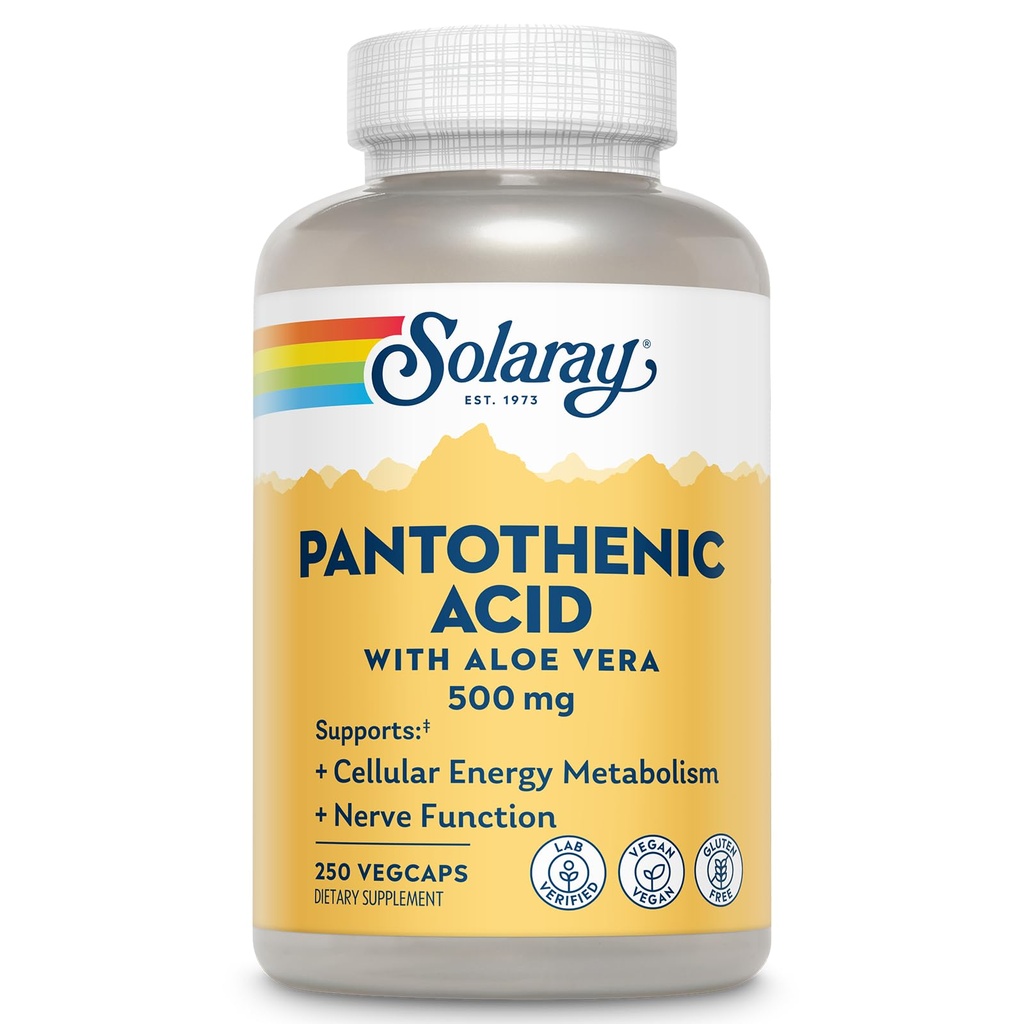 SOLAרי Pantothenic Acid 500 מ"ג - תוסף Pantothenic Acid (Vitamin B5) - ויטמין B מורכב - מערכת העצבים ותמיכה סלולרית - טבעונית, Gluten Free, 60 ימים גואדטה, 250 משרתות
