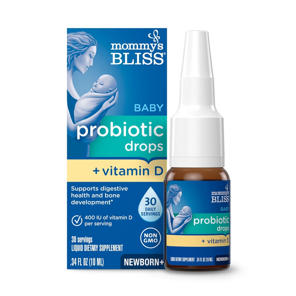 התינוק של אמא Probiotic Drops + ויטמין D, תומך בבריאות העיכול ואת האינטימיות, 400IU ויטמין D לפיתוח עצמות בריא, תינוקות +, פלפור, 0.34 Fl Oz (30 משרתים)