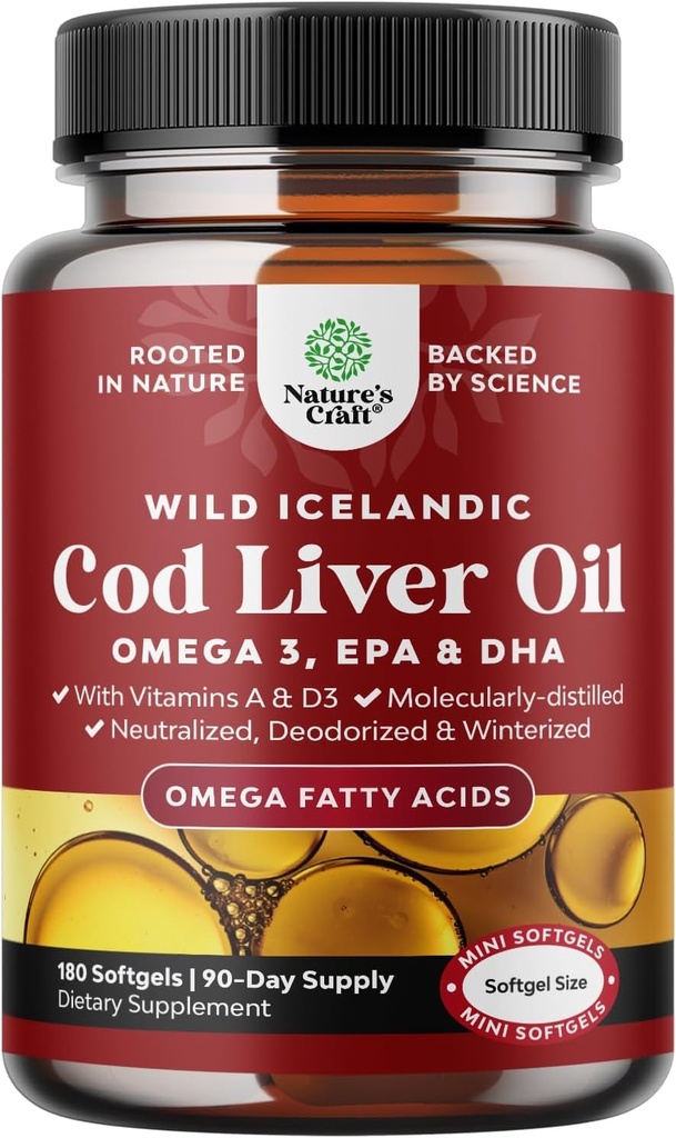 האיסלנדי Cod Liver Oil Softgels - Wildתפס EPA DHA אומגה 3 שמן דגים 1000 מ"ג למנה - שמן דגים ברפס עם ויטמין D3 & A for Heart Joint Brain & Immune Support
