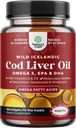 האיסלנדי Cod Liver Oil Softgels - Wildתפס EPA DHA אומגה 3 שמן דגים 1000 מ"ג למנה - שמן דגים ברפס עם ויטמין D3 & A for Heart Joint Brain & Immune Support