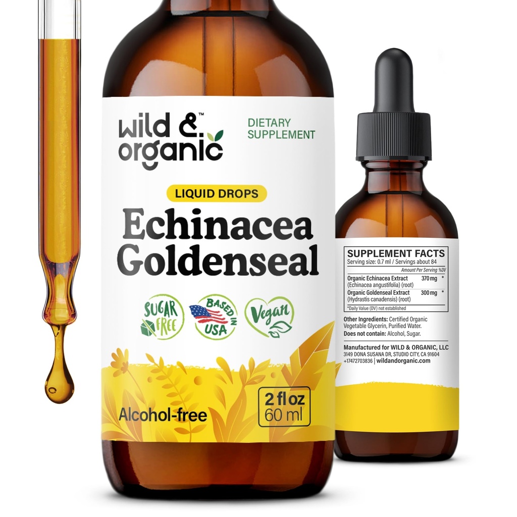Wild & אורגני Echinacea Goldenseal נוזלי טיפות - Immune Support Supplement w / Goldenseal Echinacea Root Extract - טבעוני, סוכר ואלכוהול חינם טינקטורה - 2 fl oz