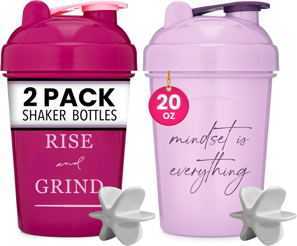 GoMOYO [2 Pack] 20oz Shaker בקבוק עם ציטוטים מוטיבציה (Raspberry & Lavender) | חלבון בקבוק עם Mixer Agitators | בלנדר Shaker Bottle for Proteines Pack הוא BPA חינם ו Dishwasher Safeer בטוח יותר