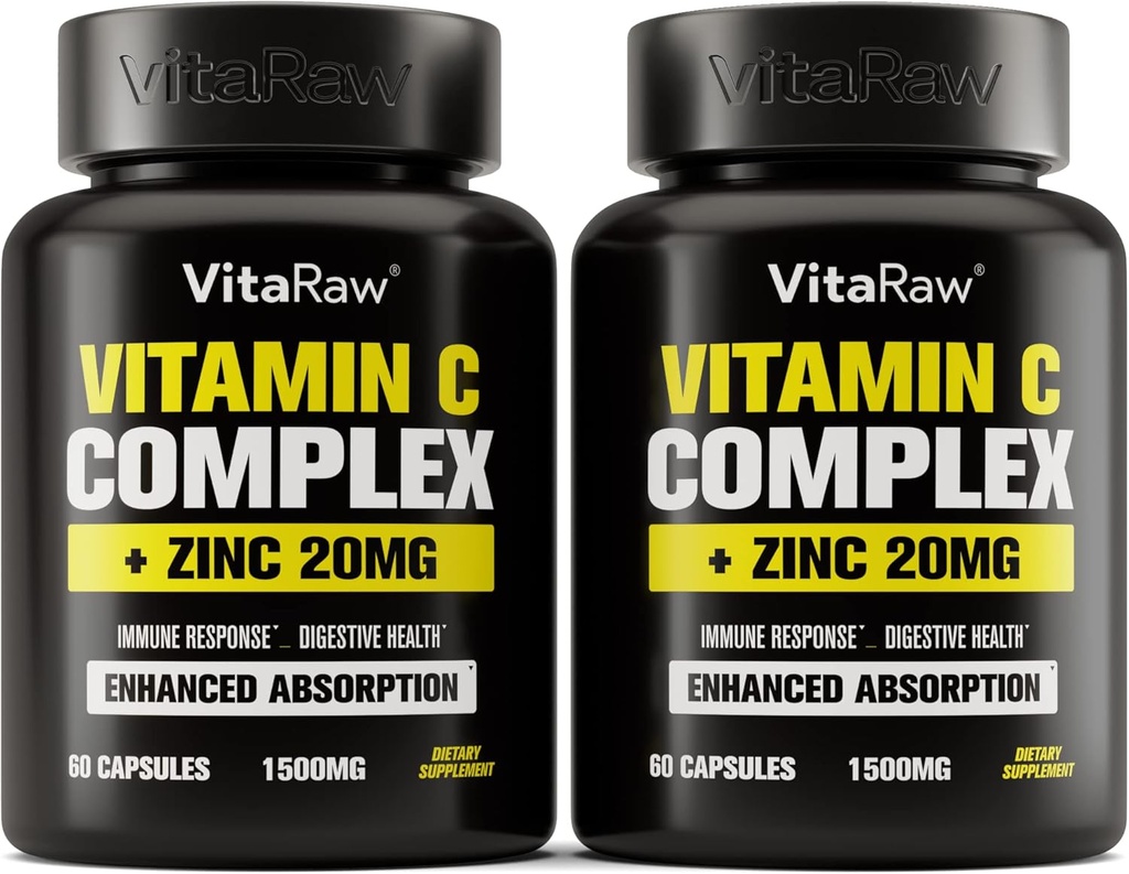 ויטמין C תוסף 2 Pack (120 Veggie קפסולות) - 1500 מ"ג עם Zinc 20 מ"ג - תרכובת התמיכה הגבוהה ביותר ויטמין C Immune - קפסולות C ו- Zinc ויטמינים למבוגרים, Vit C Immune Help טבעוני