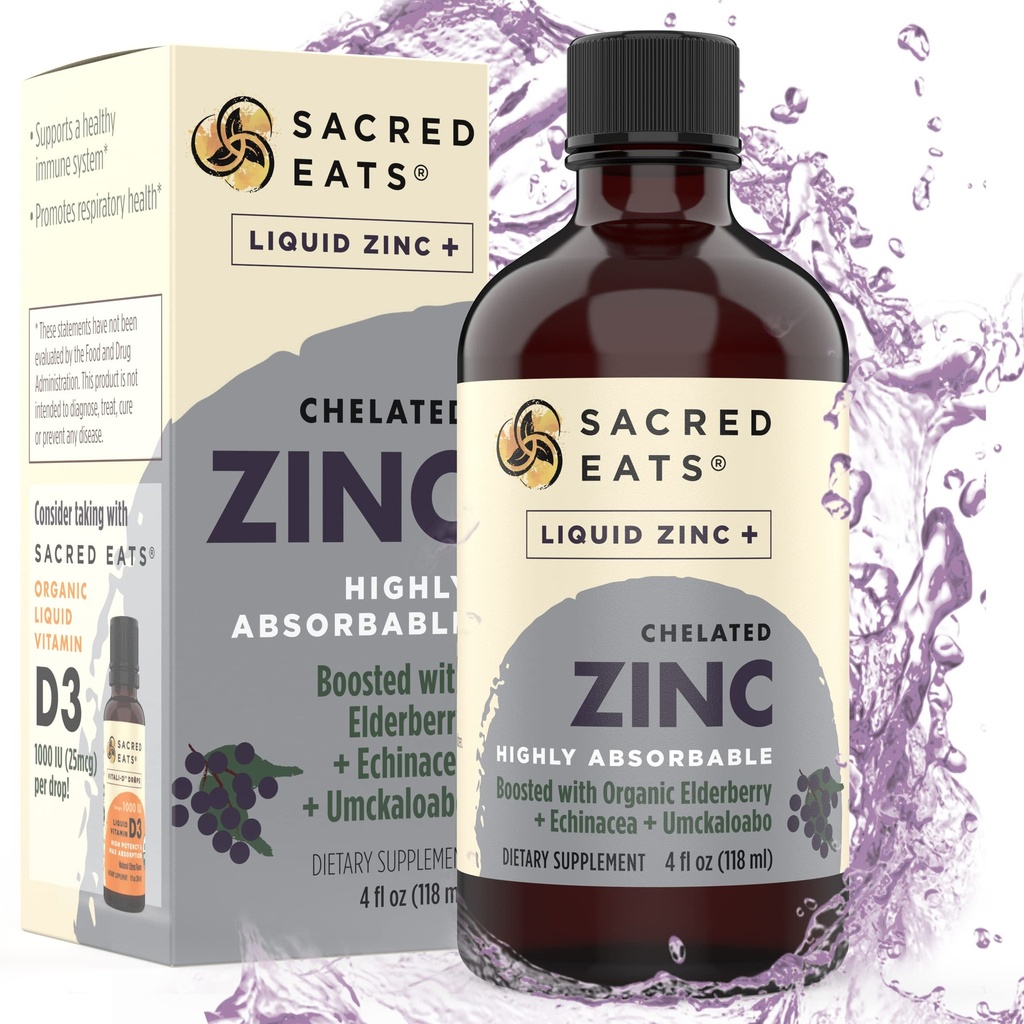 נוזל Zinc (Glycinate Chelate) עם אורגני Elderberry & Echinacea (גבוה ב Quercetin) | 4in-1 Immune Suport תוסף למבוגרים וילדים, גדול Tasting | אלכוהול וגלוט חינם, non GMO (4.0 Oz)