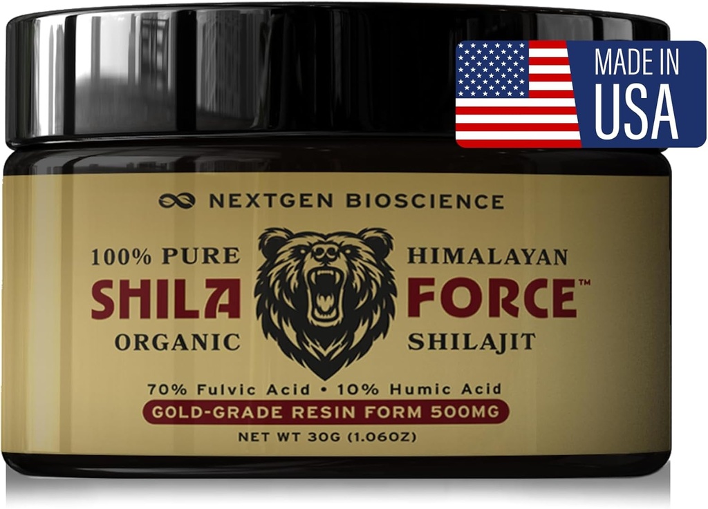 ShilaForceTM Shilajit Pure Gold-Grade Wild-Harvested ההימלאיה אורגנית Live Resin - 500 מ"ג 70% Fulvic Acid & 10% Humic Acid עם 85+ Trace מינרלים, 30g מיוצר בארה"ב, בראון